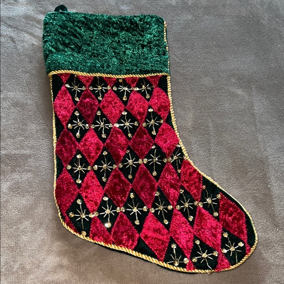 Vintage Festive Red and Green Christmas Stocking/ Beaded and Sequins. Bombay Red - Picture 1 of 8